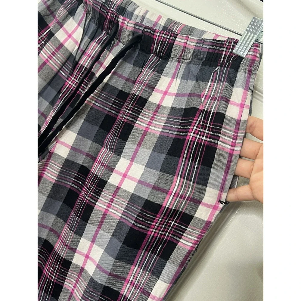 Victorias Secret 2PC Flannel Plaid Long Sleeve ButtonUp Shirt Pants Pink Black S